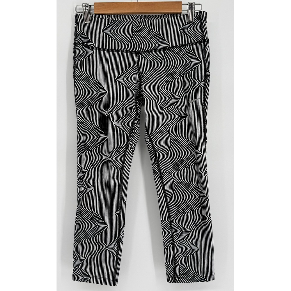 Nike Dri-FIT Womens Black White Wave Print Cropped Leggings Zip Pocket Sz S